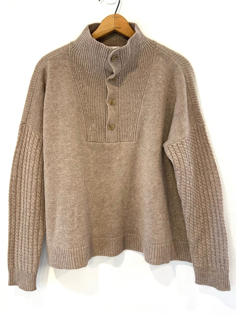 Splendid Beige 100% Cashmere Sweater Textured Knit Funnel Neck Buttons Size L